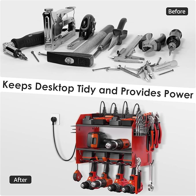 CCCEI Set Power Tool Organizer Wall Mount with Charging Station. Garage 8 Drills Storage Shelf with Hooks, Screwdriver, Drill Bit Heavy Duty Rack, Tool Battery Holder Built in 8 Outlet Power Strip.-NeatNest