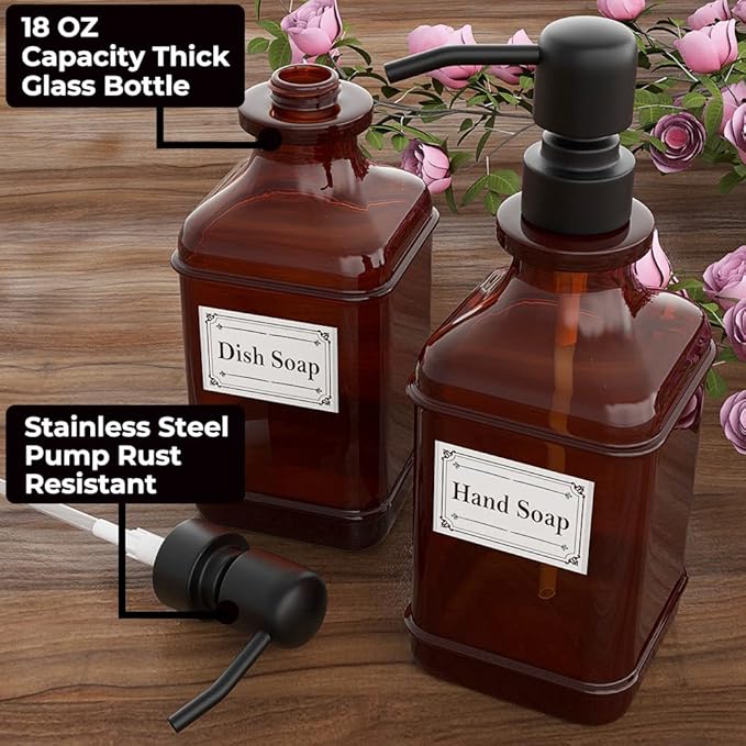 GLADPURE Soap Dispenser 2 Pack, Hand Soap Dispensers with 18 Oz Antique Design Thick Amber Glass Bottle, 316 Rust Proof Stainless Steel Black Pump, 6Pcs Stickers, for Lotion, Soap, Essential Oil-NeatNest