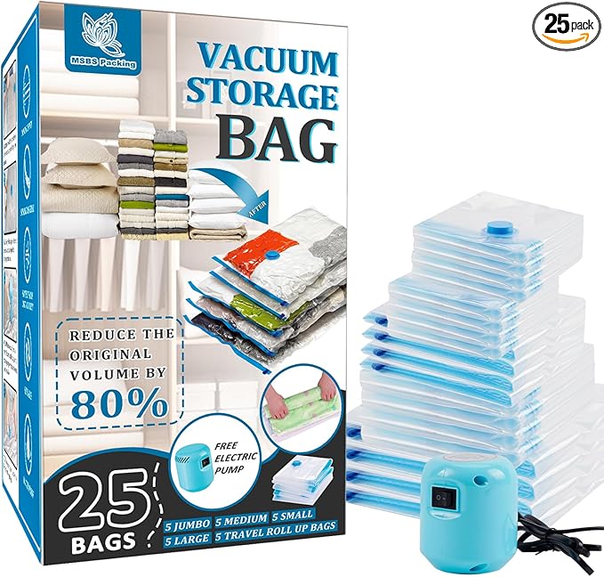 25 Pack Vacuum Storage Bags with Electric Pump, Space Saver Bags (5 Jumbo/5 Large/5 Medium/5 Small/5 Roll) Compression for Comforters and Blankets, Sealer Clothes Storage Travel Essentials-NeatNest