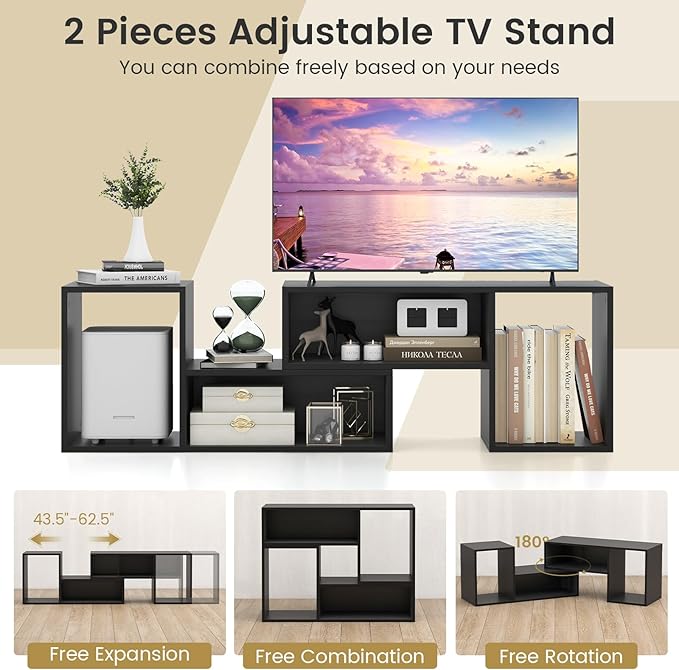 Giantex Bookshelf TV Stand for TVs up to 55", 2 Pieces Free-Combination Entertainment Center with Storage Cubes, Modern Media TV Console Table, Open Storage Bookcase for Living Room, Bedroom (Black)-NeatNest