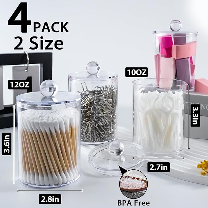 4 Pack Qtip Holder,Canister Apothecary Jar Set, Bathroom Jars with Lids Set for Cotton Swabs, Balls, Pads, Floss Picks,10oz-12oz Plastic Canisters Restroom Bedroom Vanity Organizer(Clear)