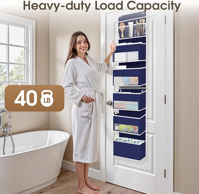 6-Tier Over The Door Organizer Hanging Storage Organizers with Clear Window 40lb Large Capacity Room Organizer for Pantry Bathroom Nursery Closet(Blue)-NeatNest