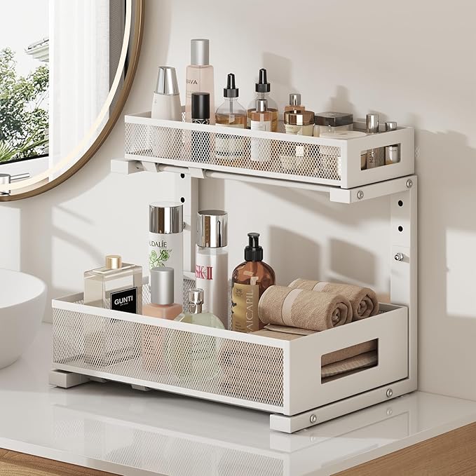 1 Pack-11.4"-16.14"H Under Sink Storage Organizer, Large 2-Tier Elegant Mesh Pull Out Shelf for Kitchen and Bathroom Cabinet Organization, L-Shaped and Adjustable Height Design for Maximum Space-White-NeatNest