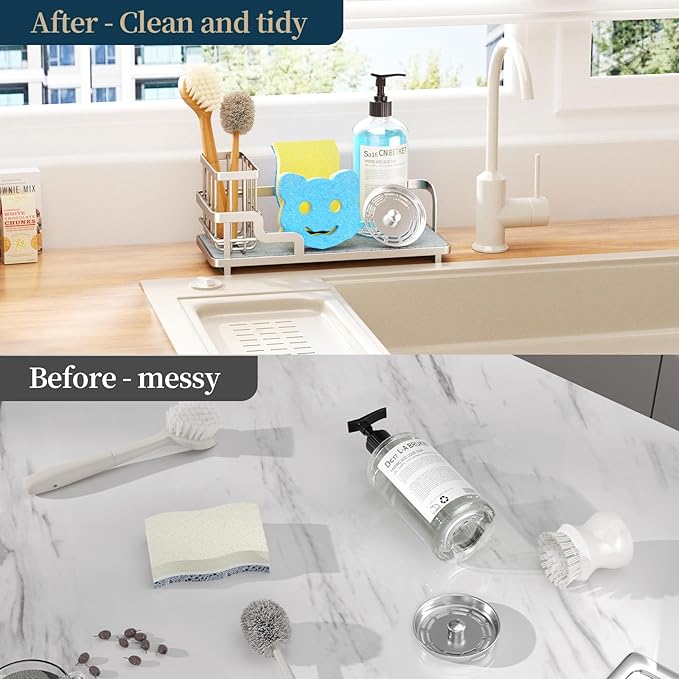 Consumest Sponge Holder for Kitchen Sink - Sink Caddy Organizer with Water Absorbing Stone Tray, Detachable Brush Holder, Stainless Steel Kitchen Counter Organizer Rack, Sand Nickel-NeatNest