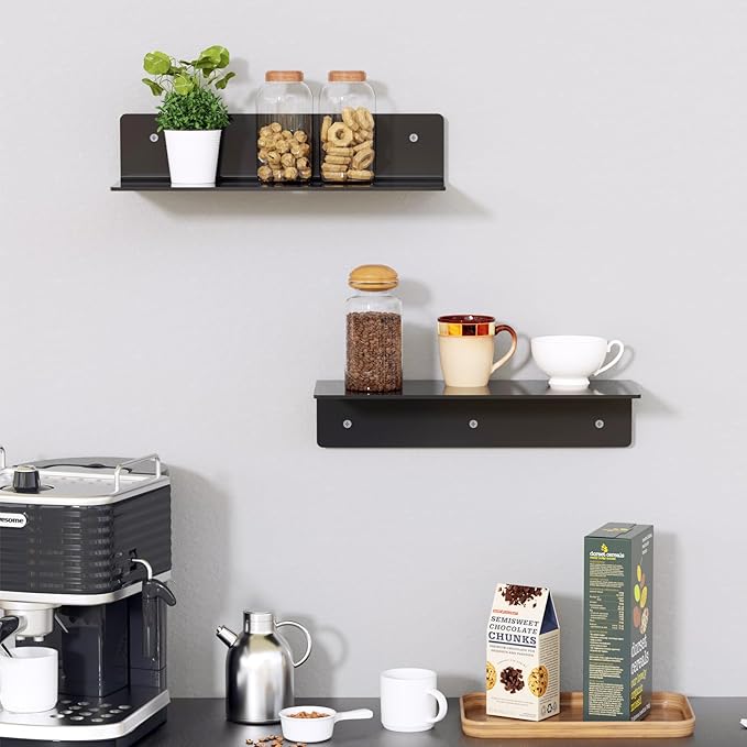 12" Black Acrylic Floating Shelves, 2 Pack with Cable Clips, Small Floating Shelf for Expand Wall Display Space for Living Room, Bathroom, Gaming Room, Dorm Wall Decor-NeatNest