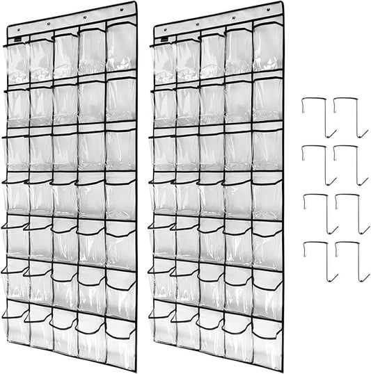 Clear Crystal 2 Pack 35 Pockets Large Hanging Shoe Organizer Over The Door Shoe Rack for Closet Door Storage Shoe Holder Hanger, 8Hooks, white-NeatNest