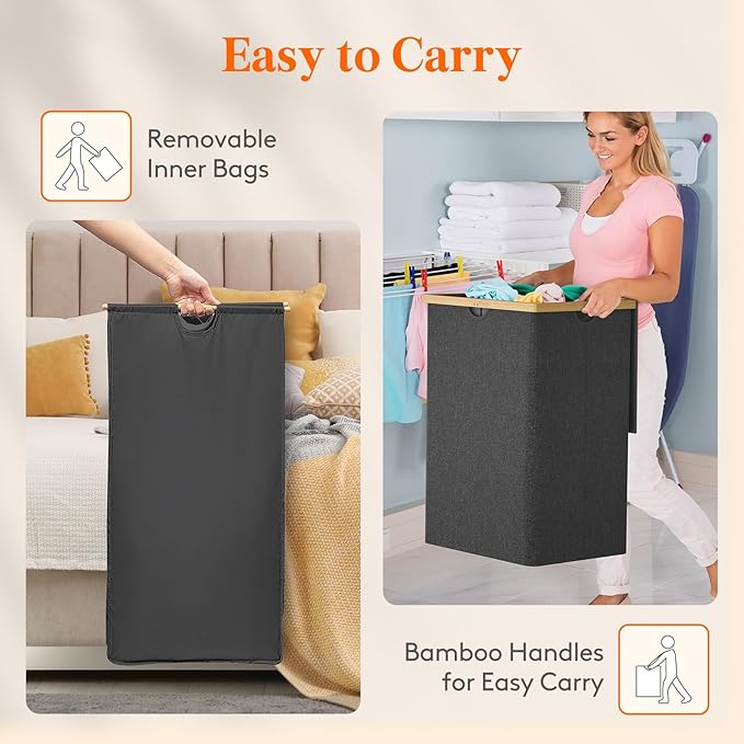 Lifewit 160L Double Laundry Hamper with Lid, Extra Large Bamboo Laundry Basket Dirty Clothes Hamper, 2 Section Laundry Bin Organizer for Laundry Room Bedroom with 2 Removable Liners & Bags, Black-NeatNest