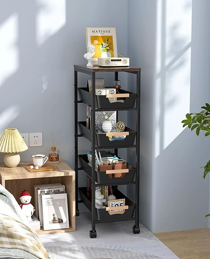 Aupekro 5-Tier Rolling Storage Cart with Wooden Top, Narrow Metal Kitchen Storage Cart, Versatile Mobile Shelving Unit Trolley, Pantry Utility Cart with Pull-Out Drawer (Black)