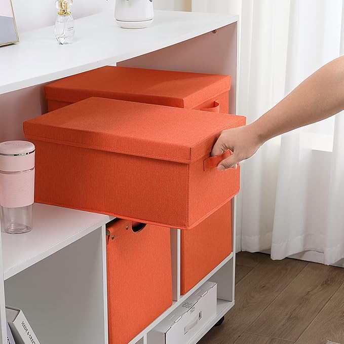 HOONEX Storage Bins with Lids for Organizing, Pack of 2, Storage Boxes with 2 Carrying Handles and Sturdy Heavy Cardboard, 16.5" L x 11.8" W x 7.5" H for Shoes, Books, Clothes, Nursery, Orange-NeatNest