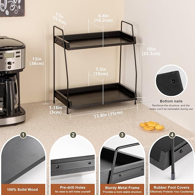 2-Tier Coffee Station Organizer, Wooden Kitchen Counter Shelf - Black