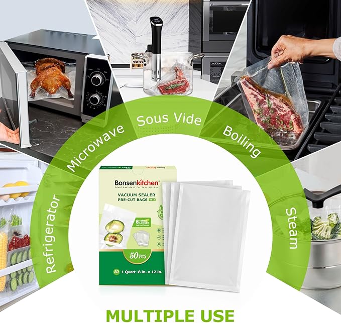 Bonsenkitchen Vacuum Sealer Bags, 50 Quart 8" x 12" Precut Food Sealer Bags, Commercial Grade, BPA Free, Heavy Duty, Customized Size Vacuum Bags for Vac Storage, Meal Prep or Sous Vide Cooking, VB12-NeatNest