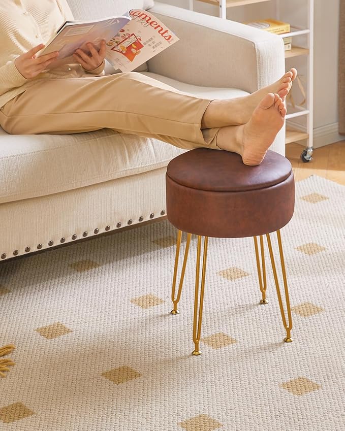 IBUYKE Faux Leather Round Footrest Stool with Storage Ottoman, Makeup Vanity Chair Side Table, PU Dressing Table Seat, Removable Cover, Golden Steel Legs, Dark Brown WBD024Z