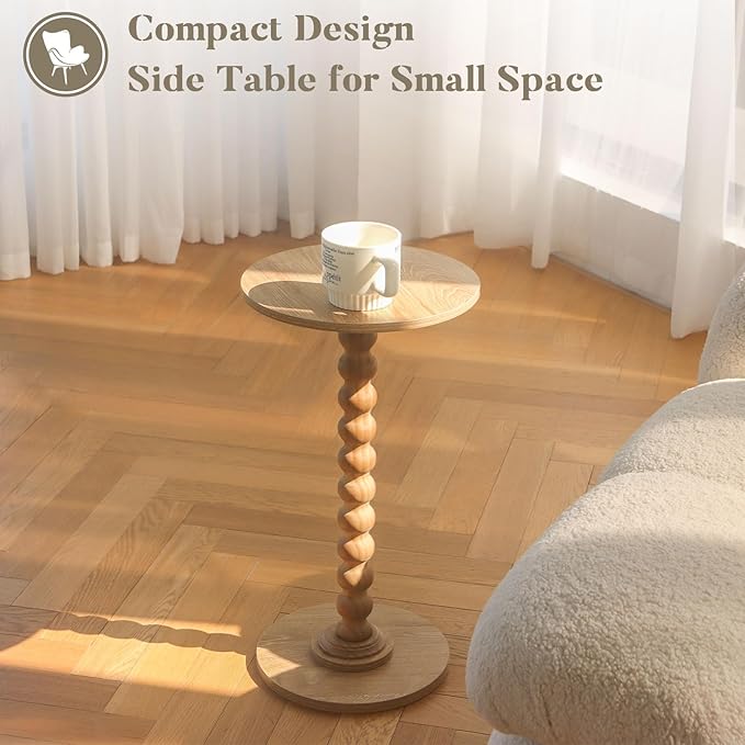 Small Side Table, Drink Table for Small Spaces, Modern Accent Table Martini Table with Solid Wood Leg, Round End Tables Living Room for Bedroom and Office (Rustic Walnut)