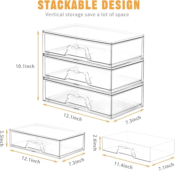 2 Pack Stackable Makeup Organizer, 12.1''L Acrylic Bathroom Organizer and Storage Undersink Drawer, Cosmetics and Beauty Supplies,Clear Plastic Storage Bins for Desk,Cabinet,Kitchen,Vanity,Pantry-NeatNest