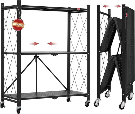 DEANIC 3 Tier Foldable Storage Shelves with Wheels, Kitchen Appliance Stand, Freestanding Metal Wire Shelf Rack, No Assembly Organizer Rolling Cart for Garage, Basement, Pantry(Black)