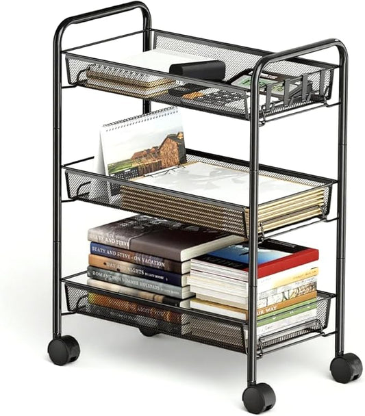 3 Tier Rolling Cart, Mesh Wire Utility Carts, Metal Storage Shelf with Wheels & 4 Side Hooks, for Laundry Room Organization, Kitchen, Living Room, Bathroom, Pantry, Dorm & Under Desk Storage