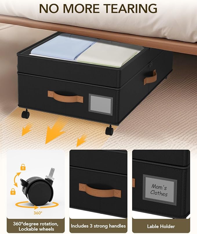 4 Pack Under Bed Storage with Wheels, Adjustable Height Storage Containers, 10 inches Large Capacity Rolling Underbed with Lids, Storage Drawers Shoes, Clothes, Blankets, Black-NeatNest