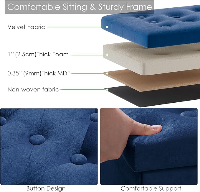 PRANDOM Jumbo Ottoman with Storage [1-Pack] Velvet Folding Small Square Foot Stool with Lid for Living Room Bedroom Coffee Table Dorm Royal Blue 43x15x15 inches-NeatNest