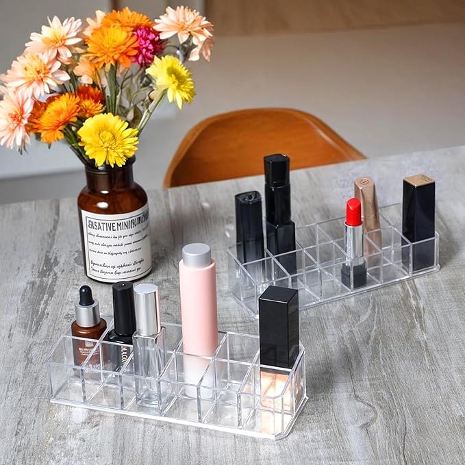 4-Pack 12-Slot Acrylic Lipstick Organizer, Lipstick Holder, Lip Gloss Organizer, Cosmetic Storage Display, Perfect Storage Solution for Drawer, Vanity, Bathroom, and More-NeatNest
