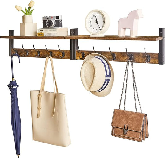 YMYNY Coat Rack Wall Mount with Shelf, 2 Pack 23.6" Coat Hooks Coat Hanger Wall Mount, Wall Hooks for Hanging, Hat Rack for Wall, Towel Hooks for Bathrooms, Rustic Brown UHWS004H-2-NeatNest
