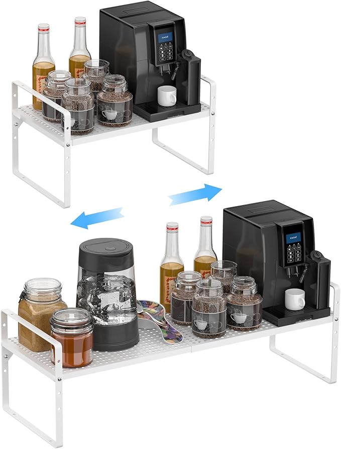 iPEGTOP Expandable Cabinet Storage Shelf Organizer Rack, Heavy Duty Stackable Steel Metal Spice Rack Adjustable Height Pantry Garage Shelf for Counter Kitchen Organization, White - 2 Pack-NeatNest