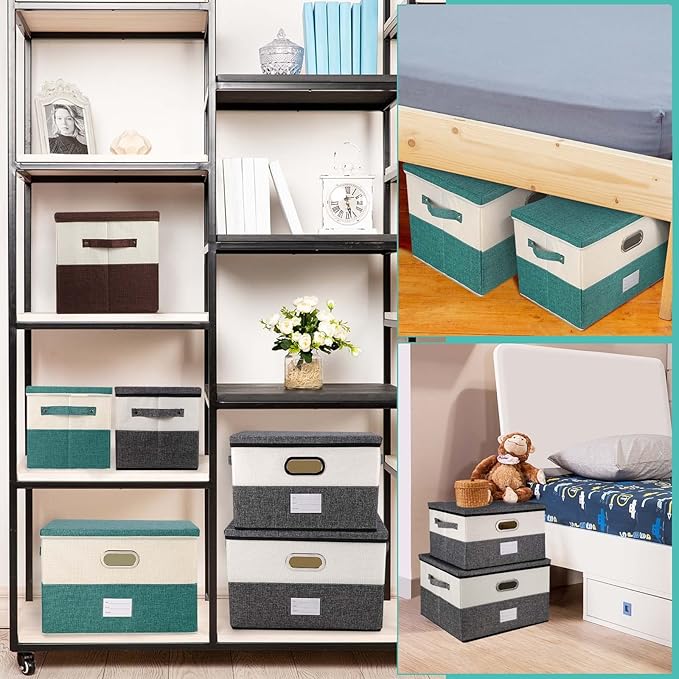 Large Linen Fabric Foldable Storage Bins with Removable Lid and Handles, Washable Storage Box Organizer Containers Baskets Cube with Cover for Bedroom,Office (Grey&Cream, Medium(2-Pack))-NeatNest