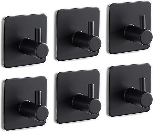 6 Packs Adhesive Hooks, Black Towel Hooks for Bathrooms, Heavy Duty Stainless Steel Wall Hooks, Waterproof Shower Hooks for Inside Shower, Hooks for Hanging Robe, Coat, Hat, Key, Clothes