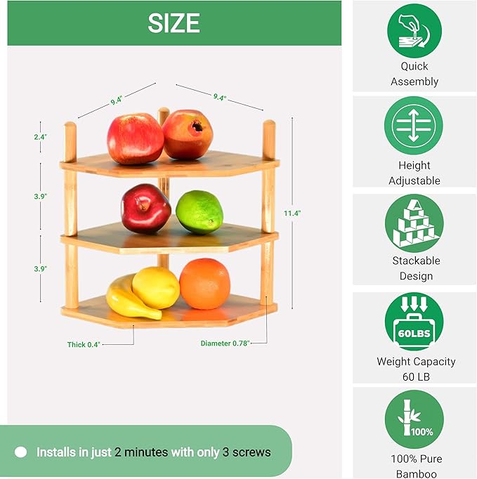 Expandable Bamboo Corner Shelf for Cabinet - 2-5 Tiers Plate Organizer, Kitchen Space Saver, Minimal Tool Assembly (Powered by Gogogo)(2 Tier) (Nature, 3.9" H(3 Tier))-NeatNest