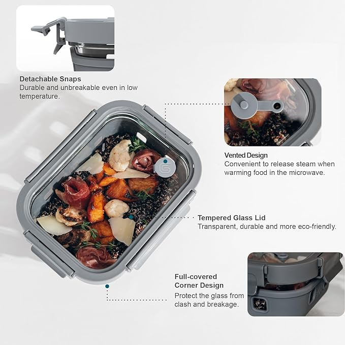 Glass Food storage container with Glass lids Bento Box Set Lunch box Eco Friendly Meal Prep Containers Airtight – Plastic Free, silicon sleeve BPA Free 4.4cup/ 5 * 1050ml