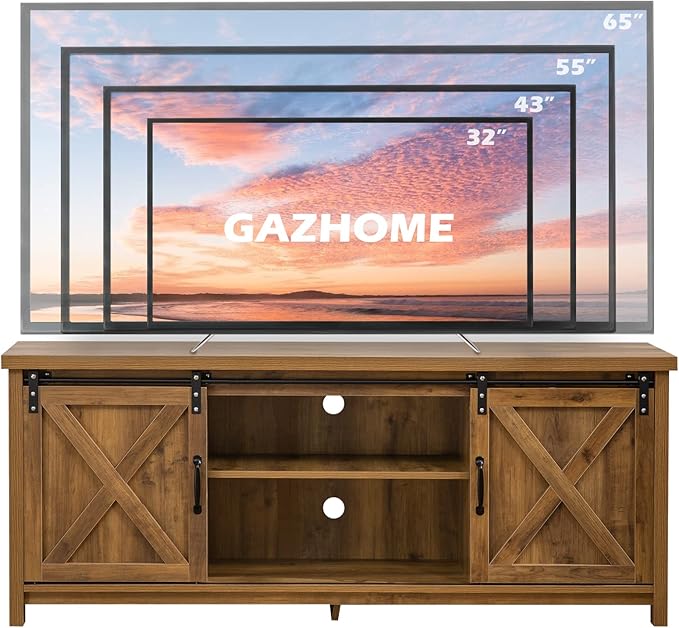 GAZHOME Modern Farmhouse TV Stand with Sliding Barn Doors, Media Entertainment Center Console Table for TVs up to 65”,2-Tier Large Storage Cabinets,Rustic TV Stand for Living Room Bedroom,Brown-NeatNest