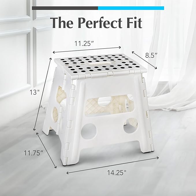 Handy Laundry Folding Lightweight Step Stool - Sturdy Enough to Support Adults and Safe Enough for Kids - Opens Easy with One Flip - Great for Kitchen, Bathroom or Bedroom (White - 13 inch)