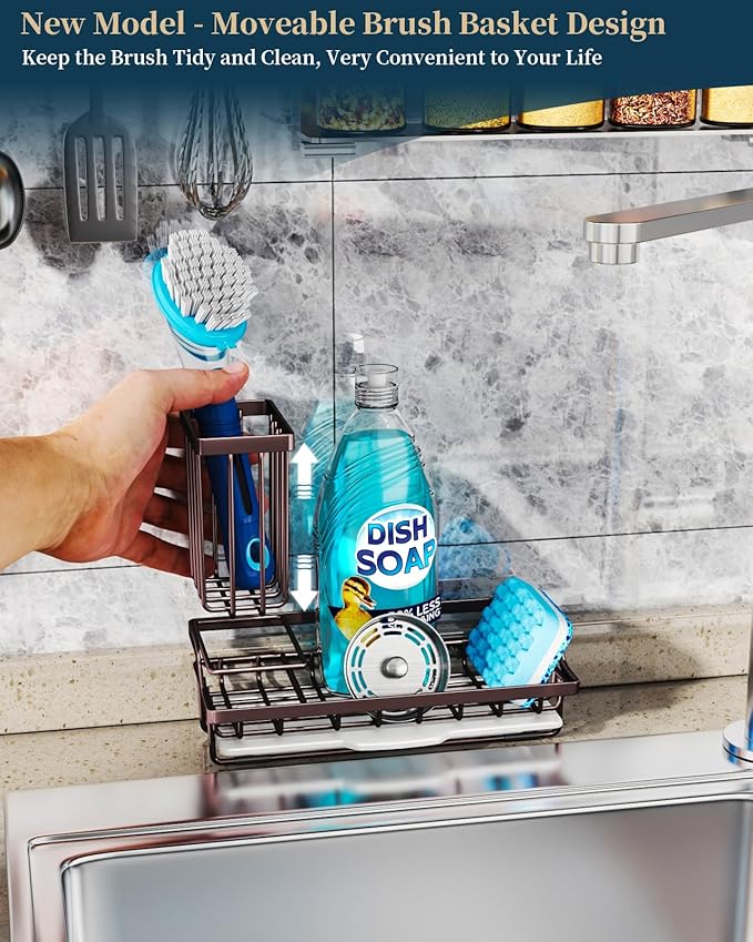 Consumest Sink Caddy Kitchen Organizer, Sponge Holder for Kitchen Sink with Removable Drip Tray for Countertop Dish Soap Holder Dispenser Brush Holder, 304 Stainless Steel - Bronze-NeatNest