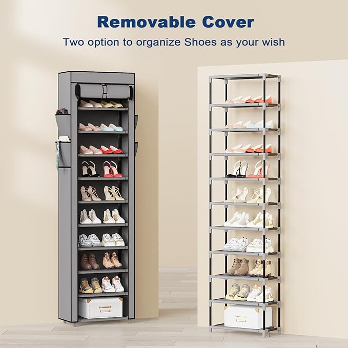 Mavivegue Shoe Rack with Cover, 10 Tier Tall Shoe Organizer for 18-22 Pairs of Shoes, Shoe Storage Organizer for Entryway, Closet, Garage, Grey-NeatNest