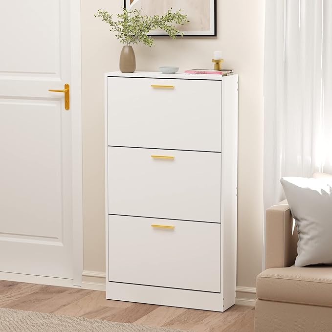 JOZZBY Shoe Cabinet Storage with 3 Flip Drawers for Entryway, White Slim Freestanding Modern Narrow Shoe Organizer Rack Cabinet for Hallway, Living Room, Set of 2-NeatNest