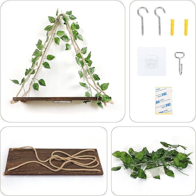 Floating Shelves for Wall,Plant Wall Decor,Hanging Shelf,Cottage Core Decor,Room Decor Aesthetic,Boho Room,Adhesive Shelves,Floating Shelves for No Drilling,Two-Piece Set(Green Leaf)-NeatNest