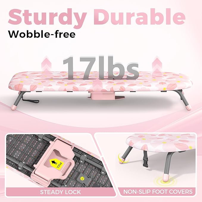 APEXCHASER Small Ironing Board with Iron Holder, Compact Iron Board with Non-Slip Feet, Portable Tabletop Ironing Board with Cotton Cover for Small Spaces and Travel, Pink