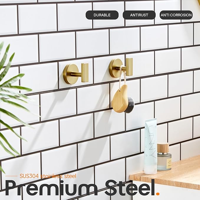 Robe Hook Bath Towel Hooks Stainless Steel Wall Hooks for Bathroom Kitchen Closet Garage Door Hanger Brushed Gold 2 Pack, AN1001GD-P2