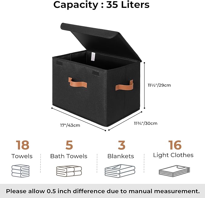 GRANNY SAYS Black Storage Bins with Lids, Decorative Storage Boxes with PU Handles, Linen Closet Organizer, Storage Baskets for Shelves, Fabric Storage Bins for Clothes, Extra Large-NeatNest