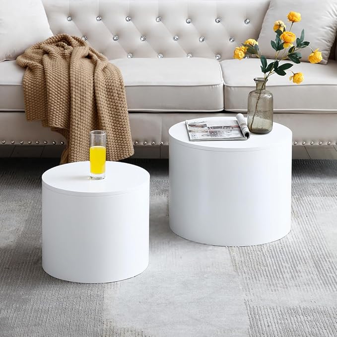Nesting Coffee Table Set of 2, Small Coffee Table Round End Table Circle Side Table Wood Accent Tables for Small Spaces Living Room Bedroom Balcony Office, White
