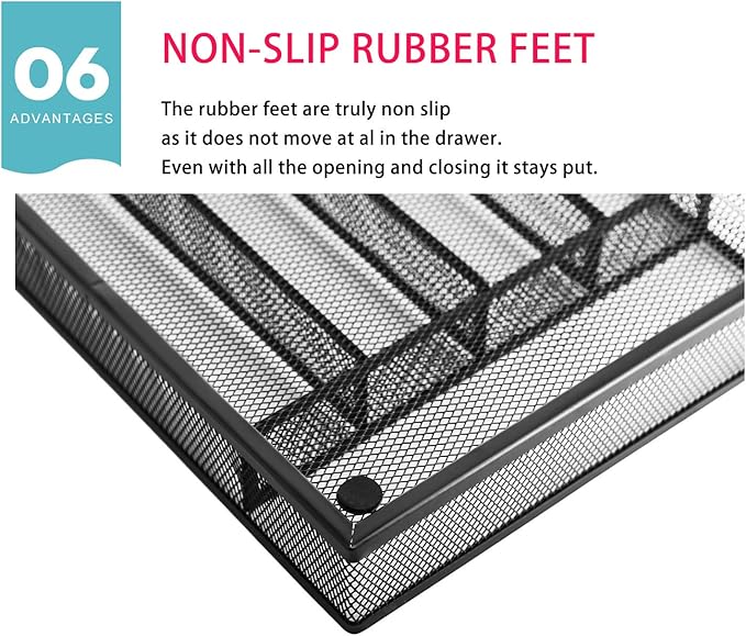 JANE EYRE Utensil Drawer Organizer, Cutlery Tray Silverware Flatware Storage Divider for Kitchen, Mesh Wire with Non-slip Foam Feet, 5 Component, Black-NeatNest