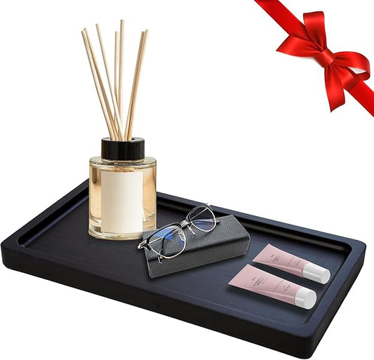 Bamboo Tray for Bathroom Countertop - 12” Matte Black Vanity Tray for Dresser Top, Black Bathroom Tray for Counter, Decorative Trays for Candles, Perfume Cologne Holder for Vanity-NeatNest