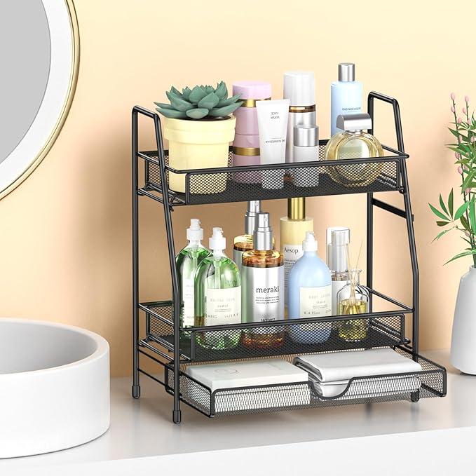 2-Tier Bathroom Organizers and Storage with Drawer, Bathroom and Makeup Organizer Countertop, Easy to Install, Ideal for Bathroom Storage, Vanity, Large Skincare, Perfume, Present, and More,Black