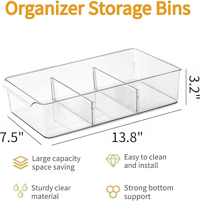 vacane Plastic Pantry Organization and Storage Bins with Removable Dividers, Pantry Organization Refrigerator Organizer Bins, Cabinet Organizers, 2 Pack 13.8" XL