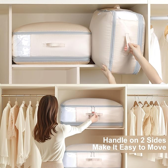 Comforter Storage Bag - Large Capacity Blanket Storage Bags 3-Layer Ultra Space Saving Self Compression Organizer, Washable Compression Bags for Storage Comforter Blanket, 6-Pack, Beige-NeatNest