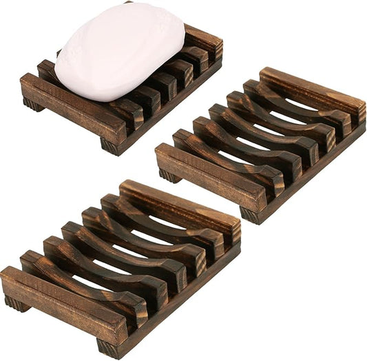 Anwenk 3Pack Soap Dish Wooden Soap Saver Holder Soap Tray for Bathroom Shower Rectangular Sink Drainer Hand Craft for Soap,Sponges and More-NeatNest