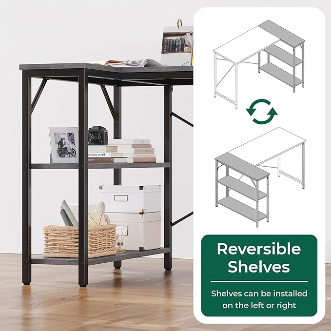 Huuger L Shaped Desk, 39 Inches Computer Desk with Reversible Storage Shelves, for Gaming Corner Home Office Writing Study, Metal Frame, Gray-NeatNest