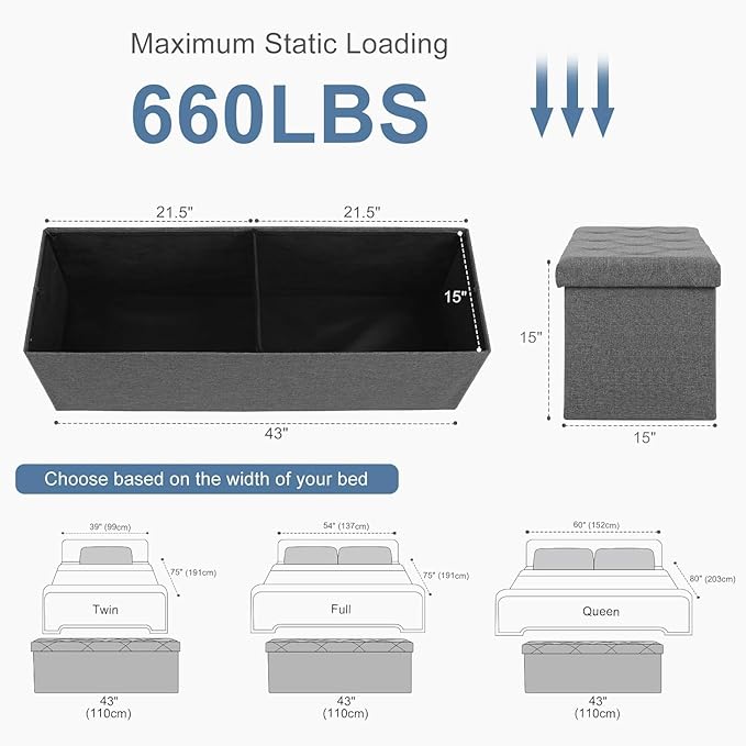 DUMOS 43in Foldable Storage Ottoman Bench, Storage Chest, End of Bed Foot Rest Stool with Padded Seat, Bedroom Bench for Living Room, Support 660lbs, Grey