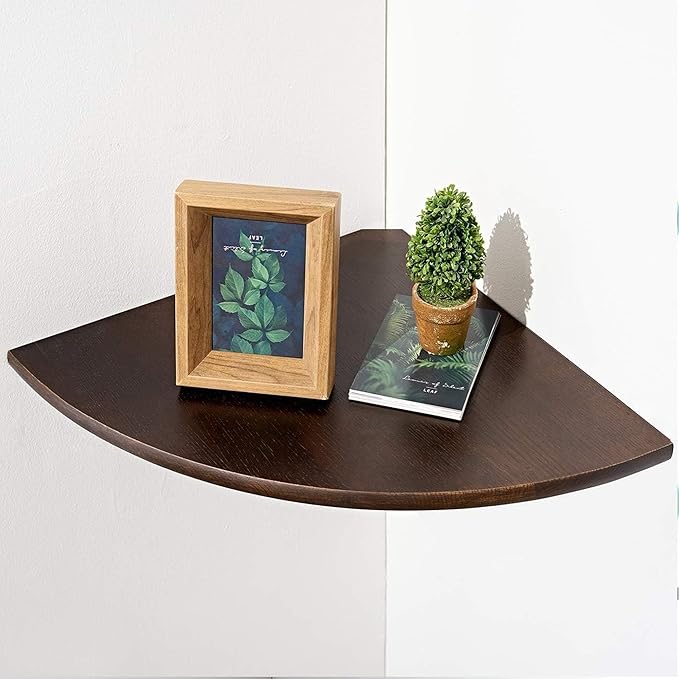 Corner Shelf,14inch Walnut Solid Wood Floating Corner Shelves Wall Mount Round End Floating Speaker Rack with Wire Hole for Small Plant for Bedroom Kitchen, Living Room-NeatNest