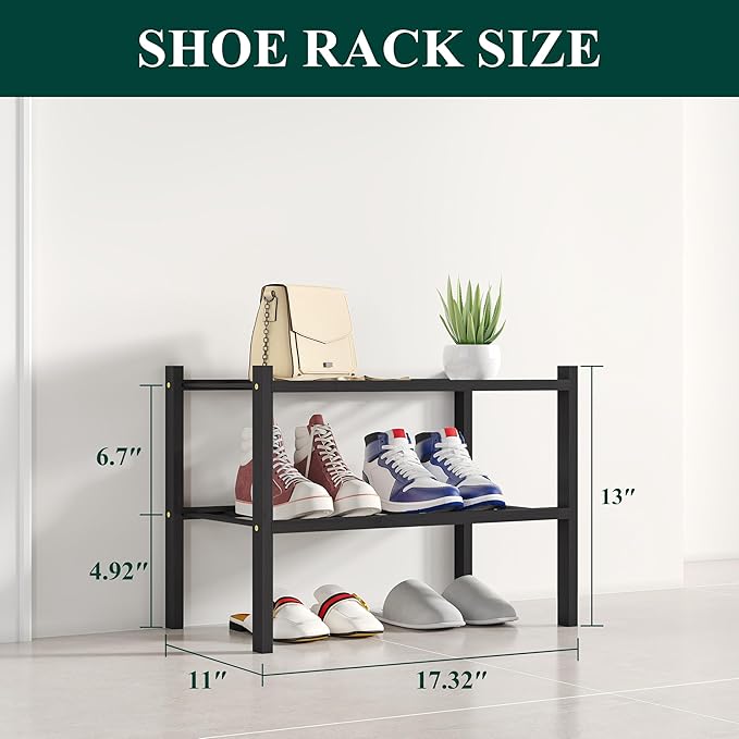 Smiry Shoe Rack, 2 Tier Small Bamboo Shoe Organizer, Stackable Free Standing Wooden Shoe Storage Shelf for Closet, Entryway, Front Door Entrance, Black-NeatNest