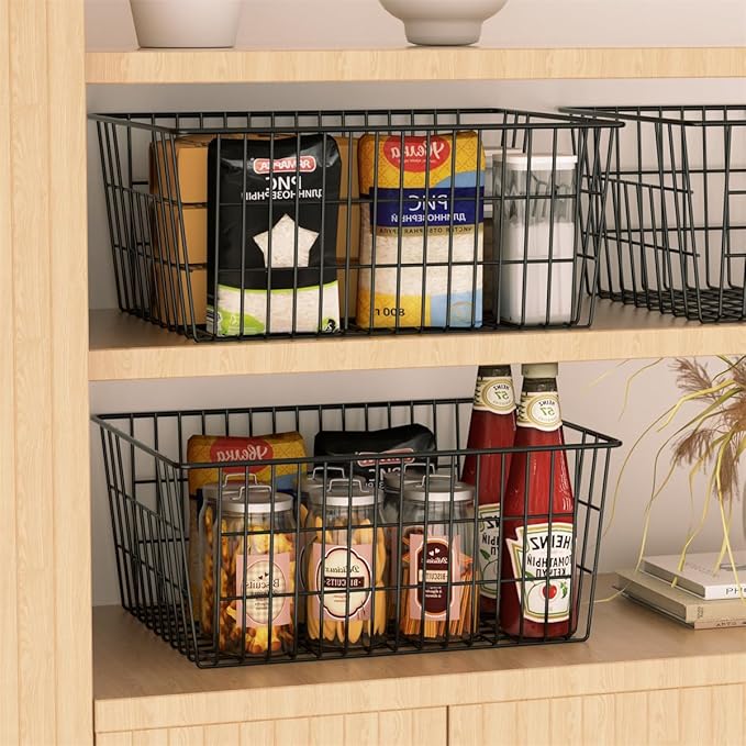 SANNO Large Freezer Baskets Metal Storage Organizer Bin Basket Wire Storage Basket for Kitchen Pantry Bathroom Large Metal Farmhouse Food Fruit Produce Organizer Bins,black,8